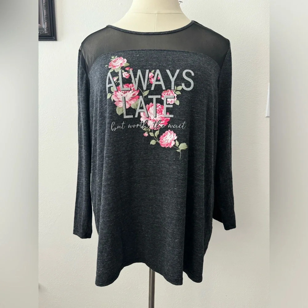 Lane Bryant ALWAYS LATE Graphic Tee T-Shirt Top Shirt Gray Black PLUS size 26/28
